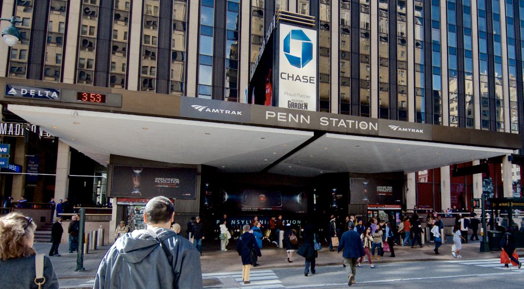 Penn Station entrance on 7th Avenue near Herald Towers with Amtrak, LIRR, and NJ Transit connections
